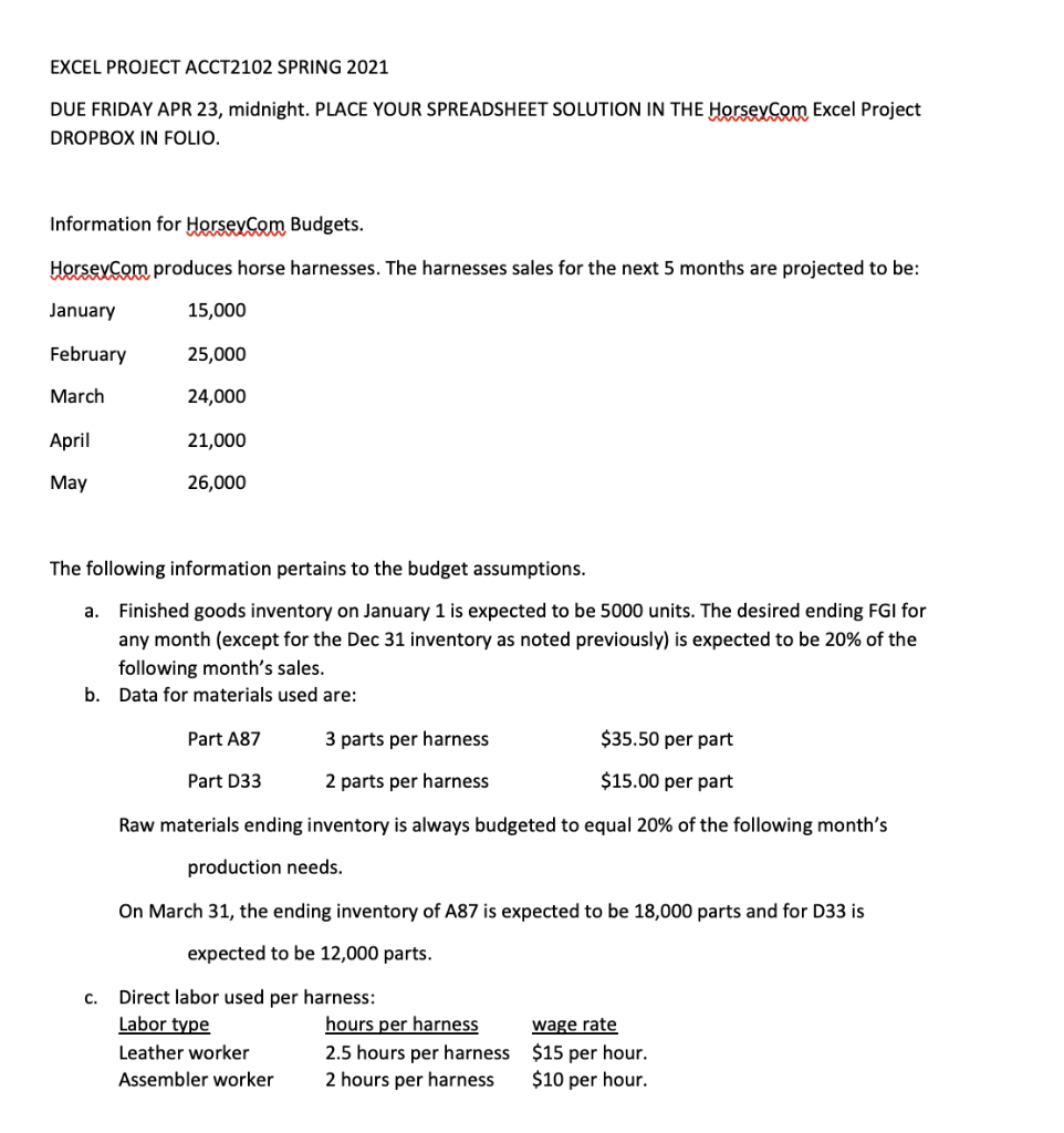 Solved Excel Project Acct2102 Spring 21 Due Friday Apr 23 Chegg Com