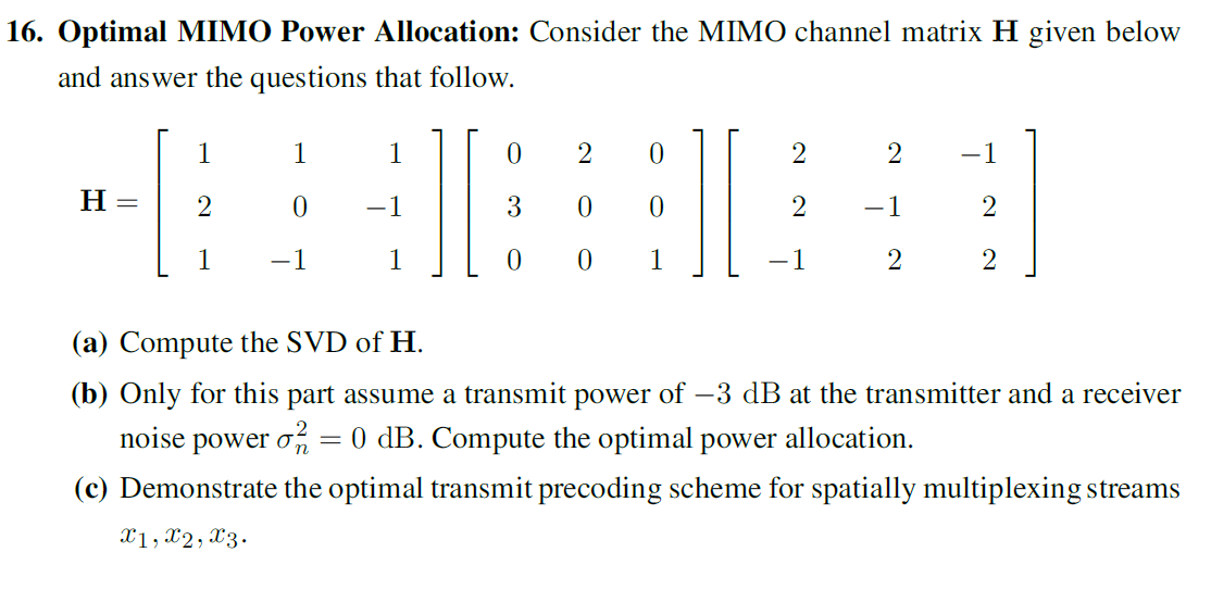 Solved Optimal MIMO Power Allocation: Consider the MIMO | Chegg.com