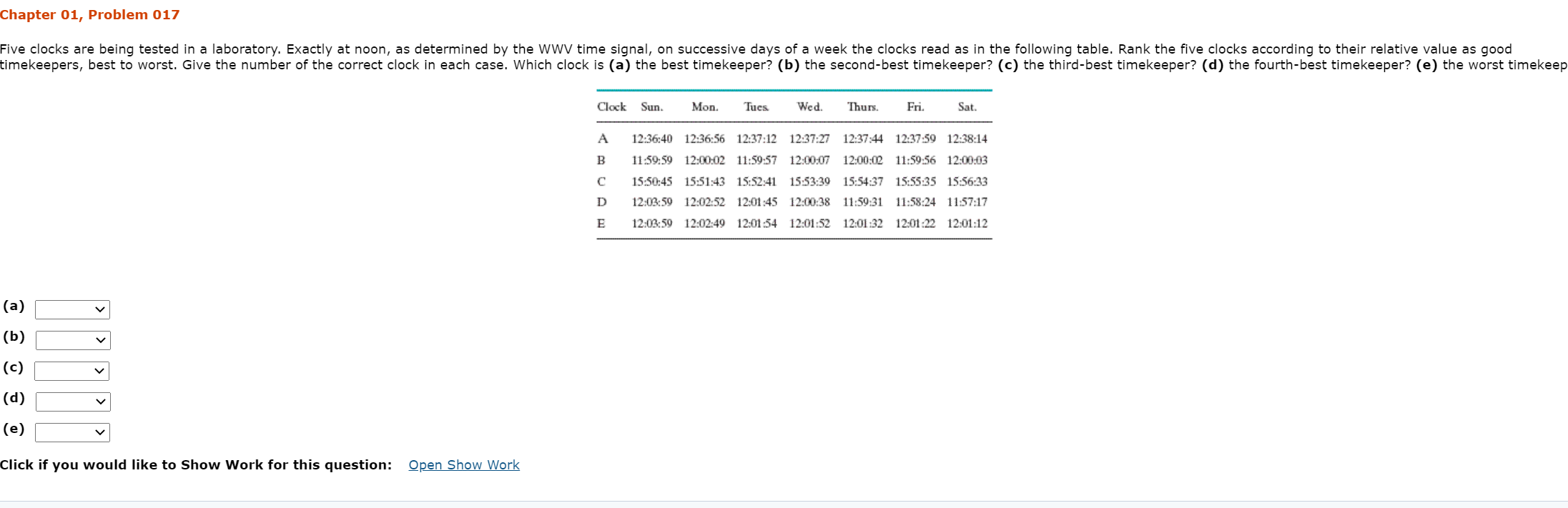 Solved Chapter 01, Problem 017 Five clocks are being tested