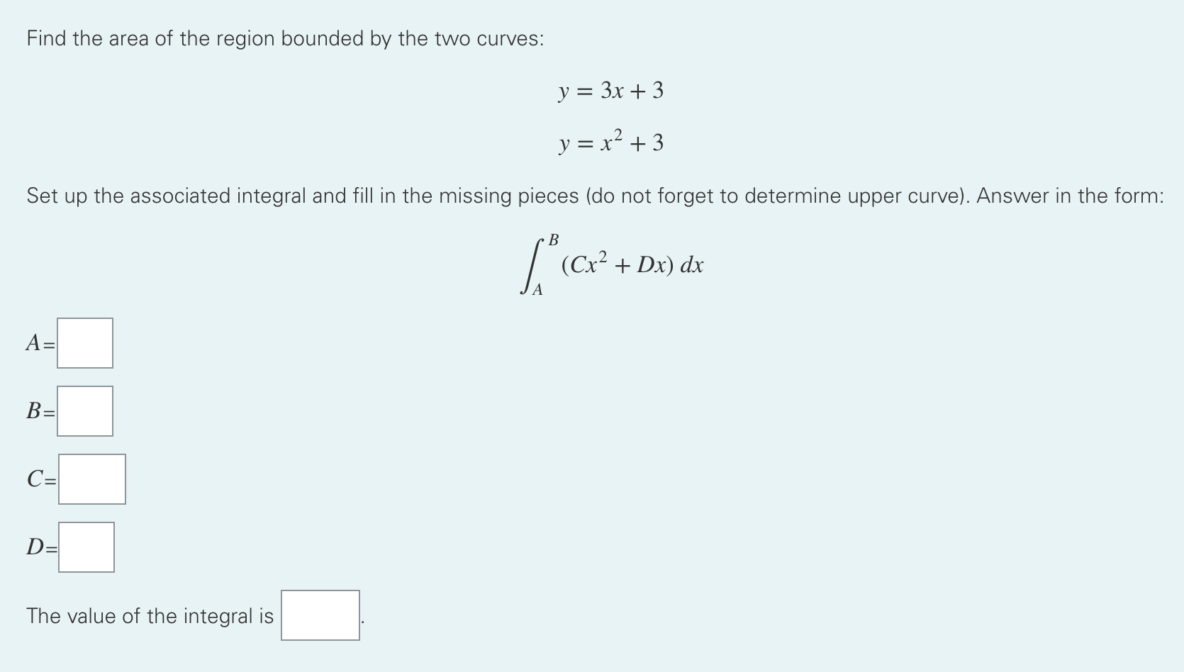 Solved Find the area of the region bounded by the two | Chegg.com