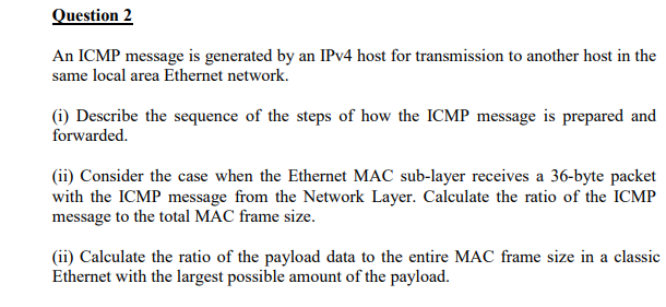 An ICMP message is generated by an IPv4 host for transmission to another host in the same local area Ethernet network.
(i) De