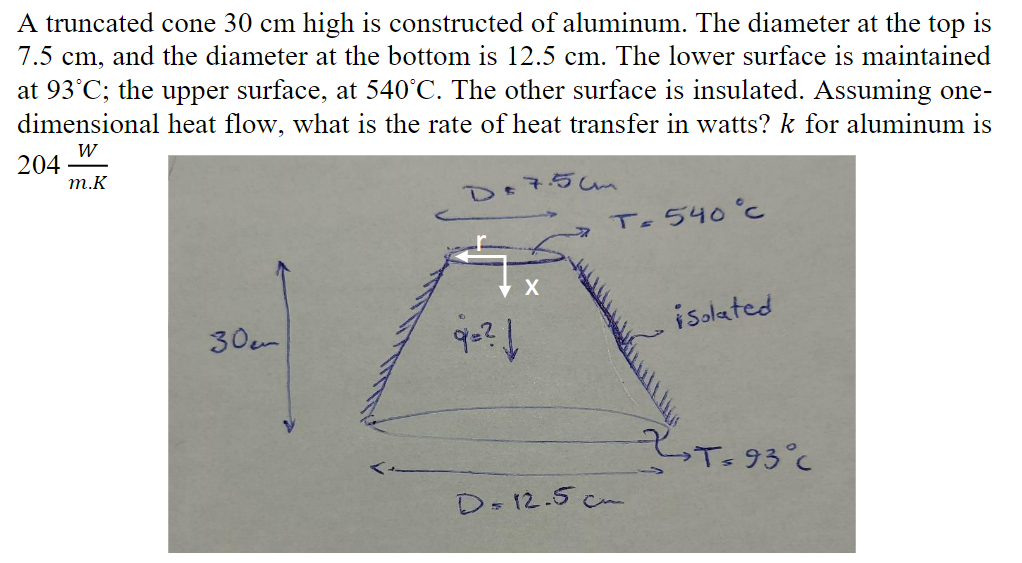 A truncated cone \( 30 \mathrm{~cm} \) high is constructed of aluminum. The diameter at the top is \( 7.5 \mathrm{~cm} \), an