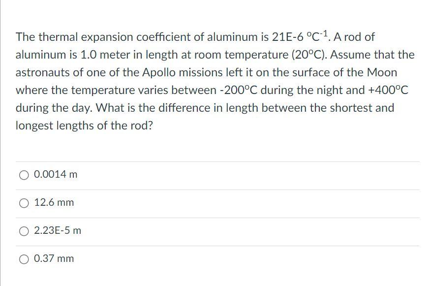 Solved The thermal expansion coefficient of aluminum is | Chegg.com