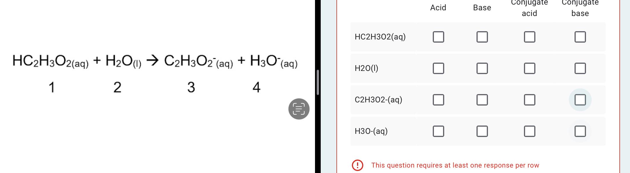 Solved Acid Base Conjugate acid Conjugate base HC2H302(aq) | Chegg.com
