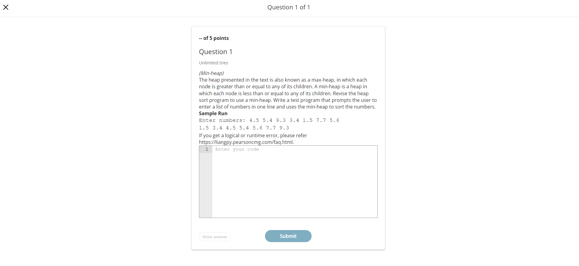 Solved Х Question 1 of 1 -- of 5 points Question 1 Unlimited | Chegg.com
