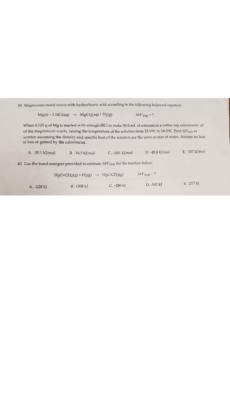 Solved 39. Magnesium metal reacts with hydrochloric acid | Chegg.com