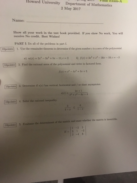 Solved Howard University Department of Mathematics Pinal | Chegg.com