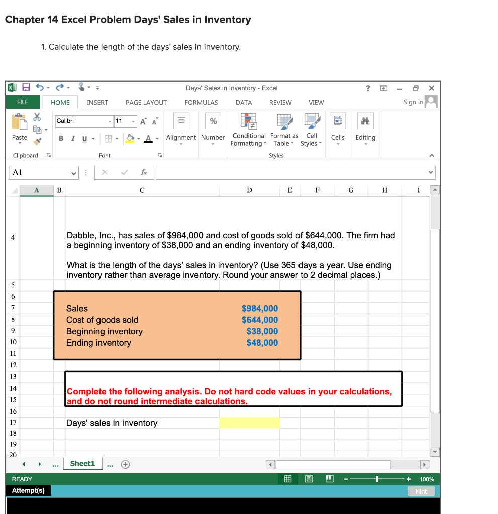 Solved Chapter 14 Excel Problem Days' Sales in Inventory 1. | Chegg.com