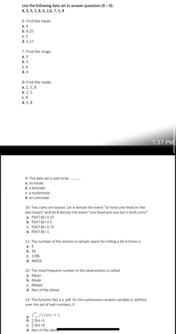 Solved Use The Following Data Set To Answer Questions 6 9