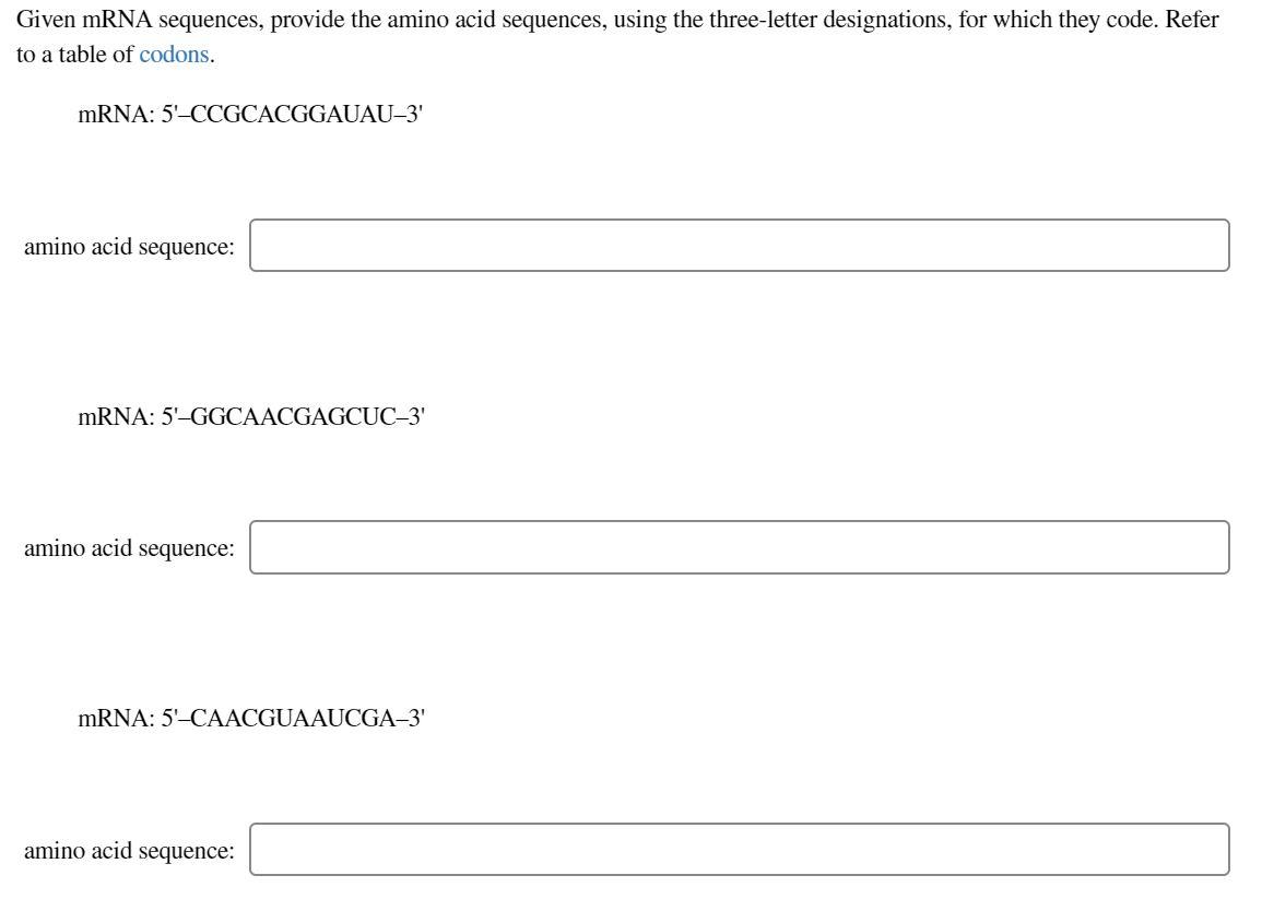 Solved Given mRNA sequences, provide the amino acid | Chegg.com