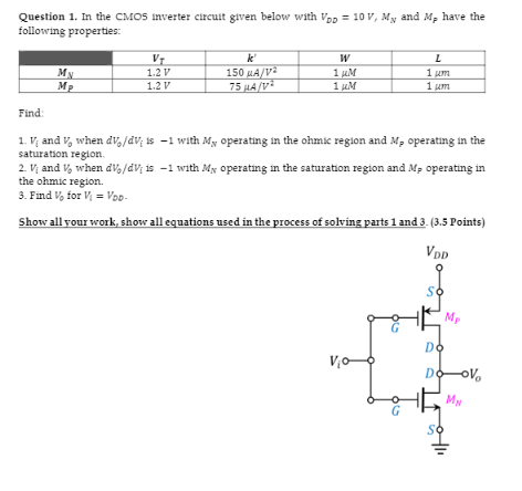 Solved Question 1. In the CMOS inverter circuit given below | Chegg.com