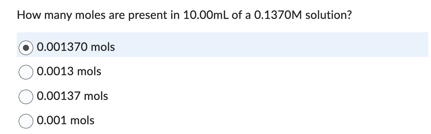 Solved How many moles are present in 10.00 mL of a 0.1370M | Chegg.com