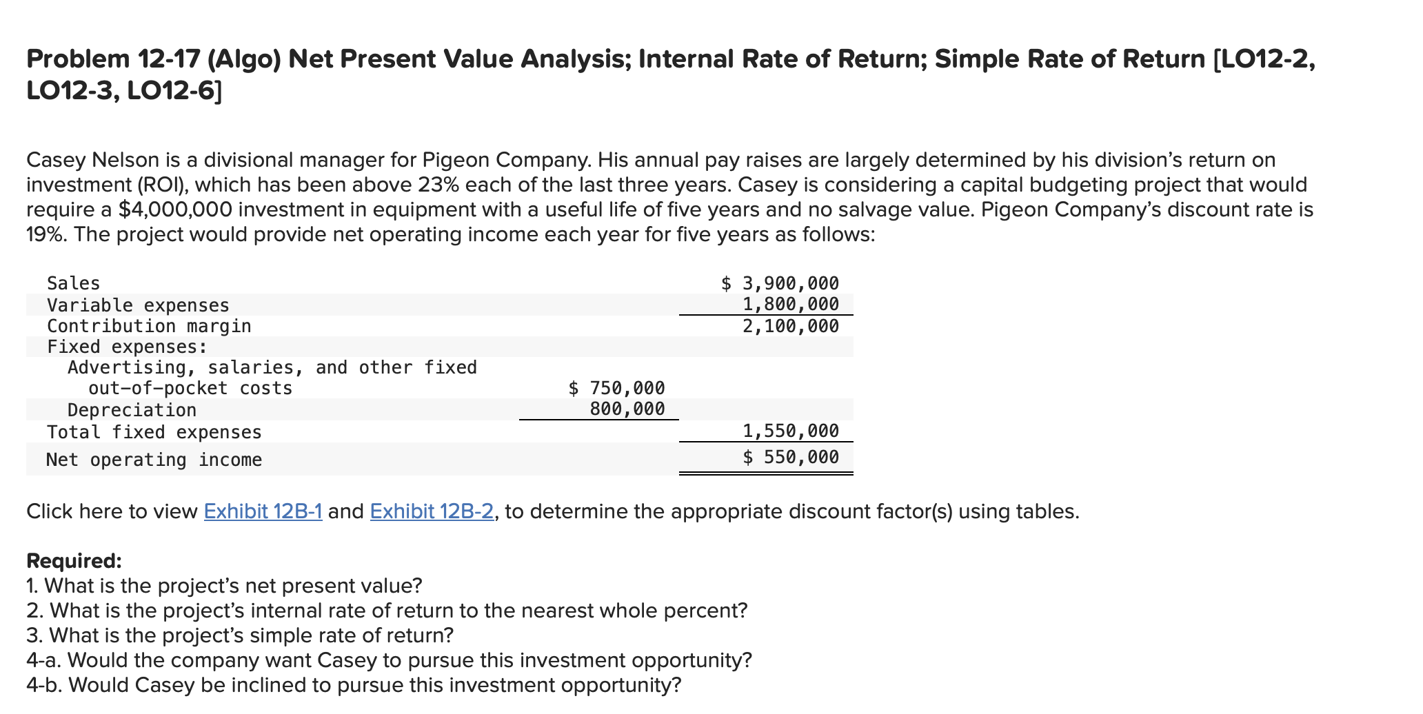 Problem 12-17 (Algo) Net Present Value Analysis; | Chegg.com