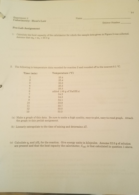 Solved Name Calorimetry Hess's Law Drawer Number PreLab