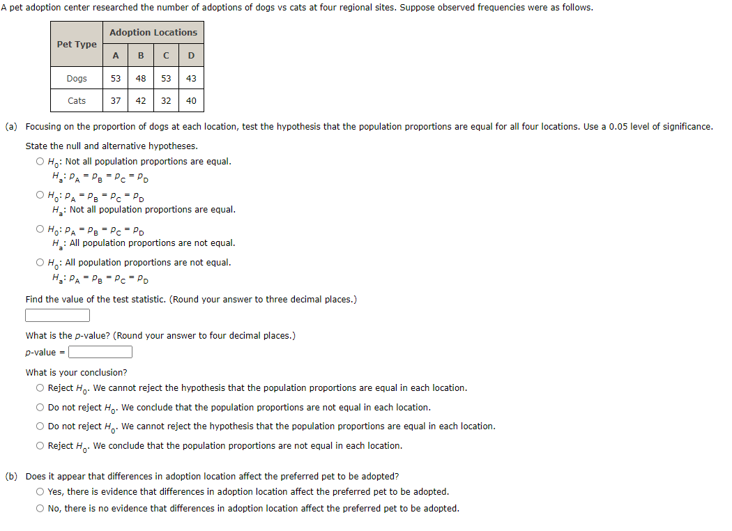 Solved A pet adoption center researched the number of | Chegg.com