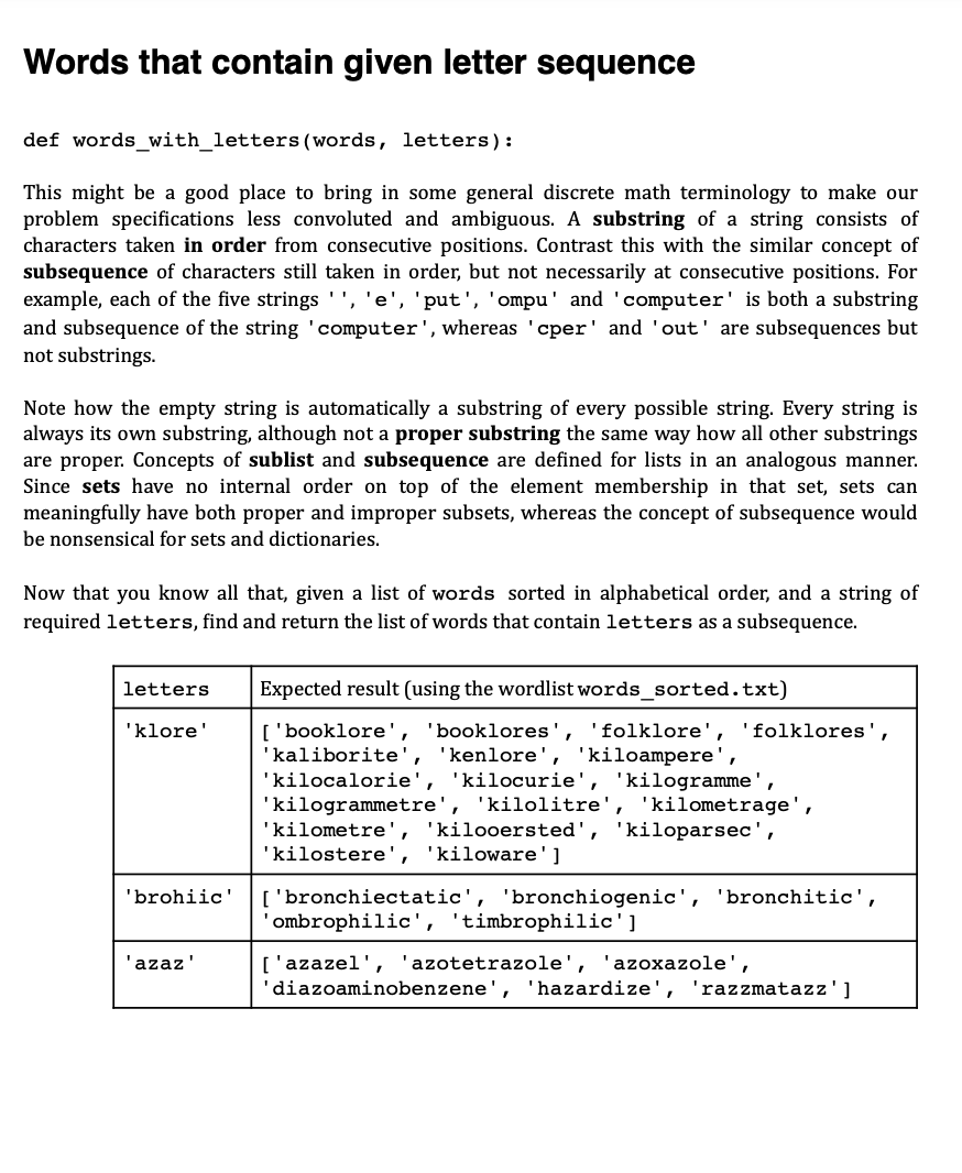 Solved Words that contain given letter sequence def | Chegg.com