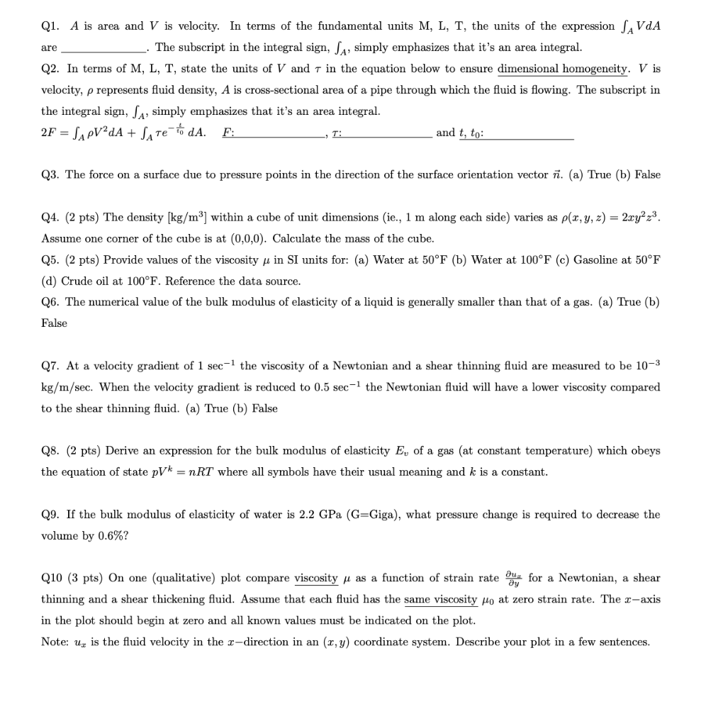 Solved Are Q1 A Is Area And V Is Velocity In Terms Of T Chegg Com