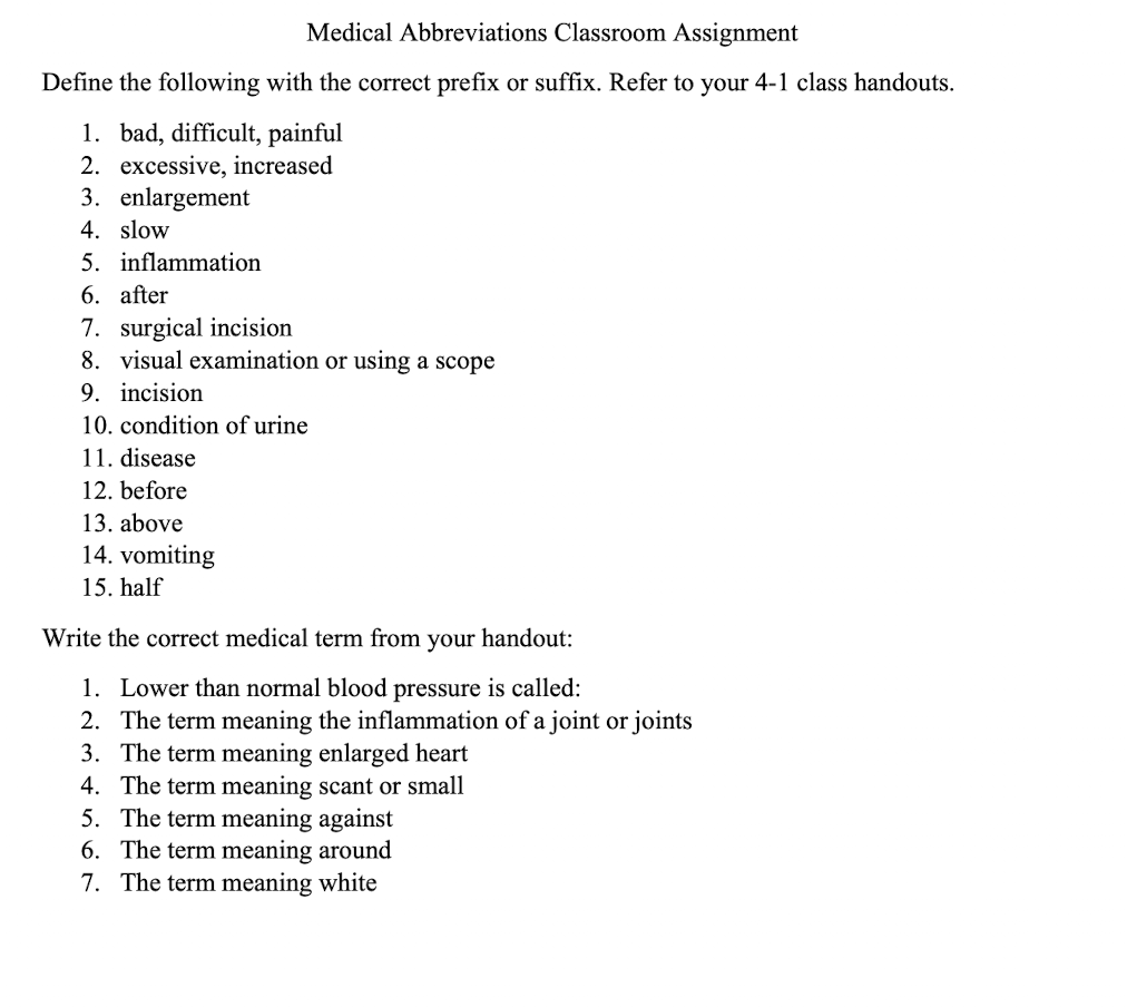 medical abbreviations assignment