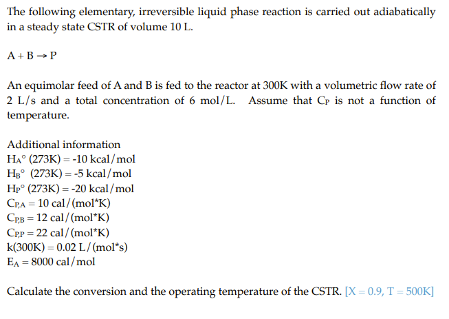 Solved The Following Elementary, Irreversible Liquid Phase | Chegg.com