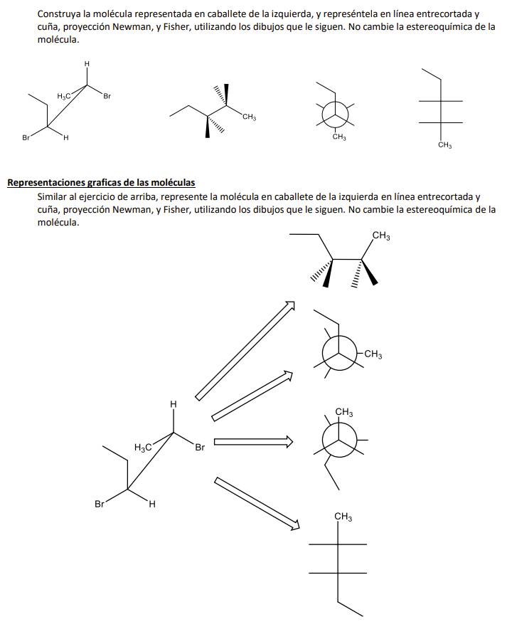 Construya la molécula representada en caballete de la izquierda, y represéntela en línea entrecortada y cuña, proyección Newm