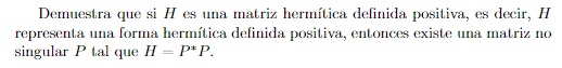 Demuestra que si \( H \) es una matriz hermítica definida positiva, es decir, \( H \) representa una forma hermítica definida