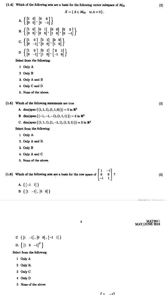 Solved 2 1 4 Which Of The Following Sets Are A Basis Chegg Com