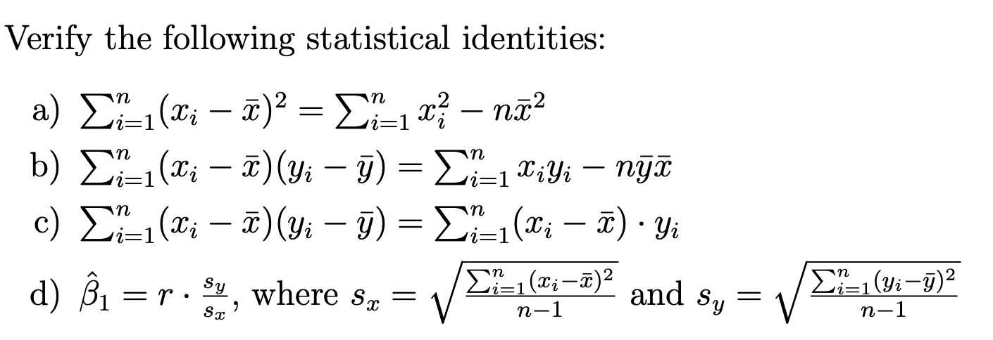 Solved Verify the following statistical identities: a) Σε1(; | Chegg.com