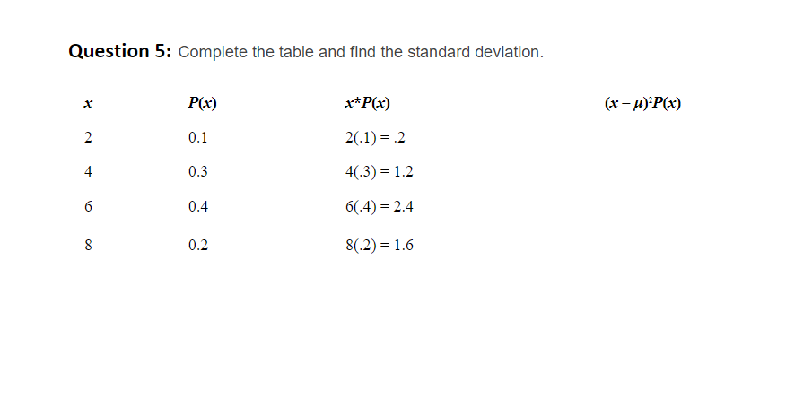 Solved Question 5: Complete the table and find the standard | Chegg.com