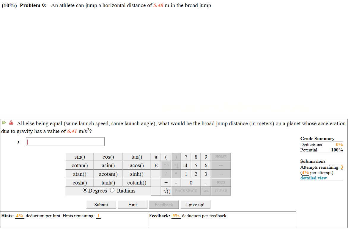 Solved (10%) Problem 9: An athlete can jump a horizontal | Chegg.com