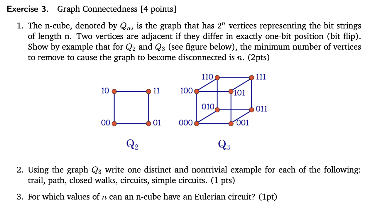 1. The \( \mathrm{n} \)-cube, denoted by \( Q_{n} \), is the graph that has \( 2^{n} \) vertices representing the bit strings