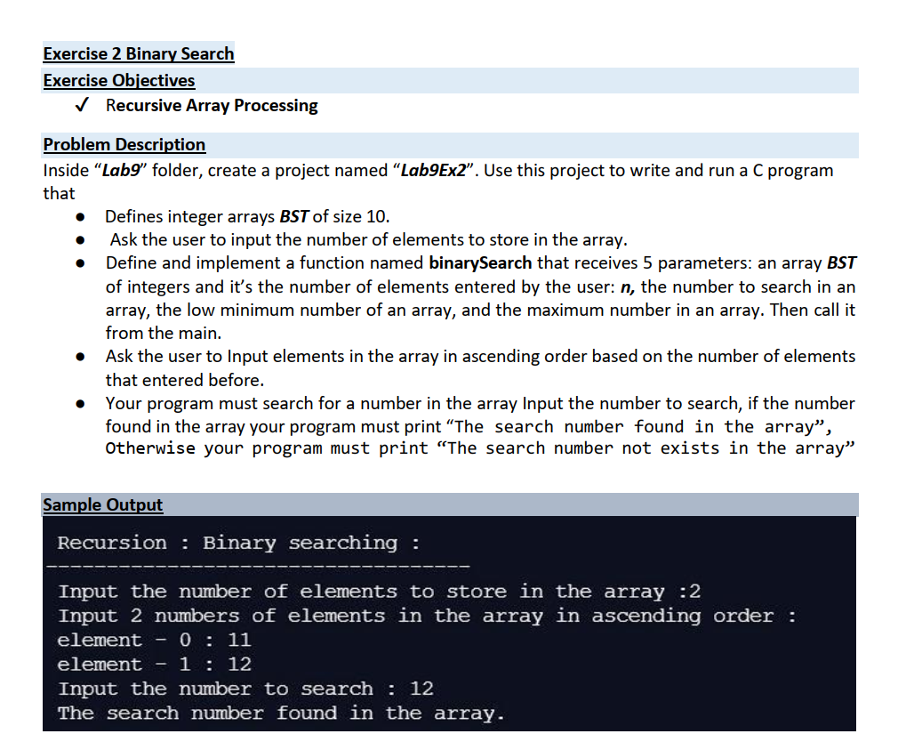 Solved Exercise 2 Binary Search Exercise Objectives | Chegg.com