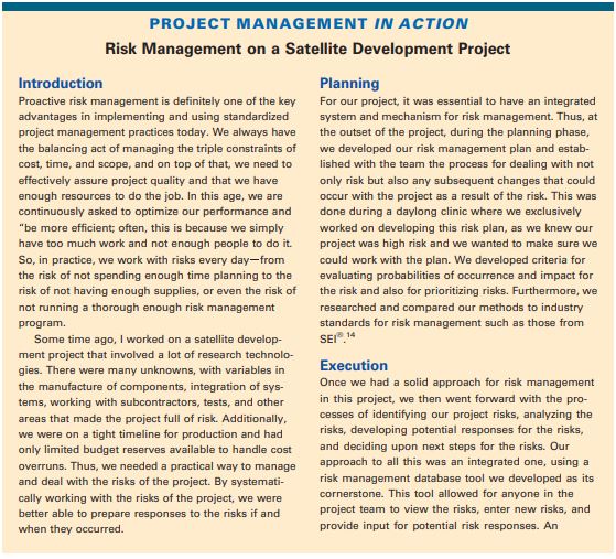Solved Read the Project Management in Action section on Risk | Chegg.com