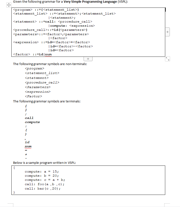 Solved Given the following grammar for a Very Simple | Chegg.com