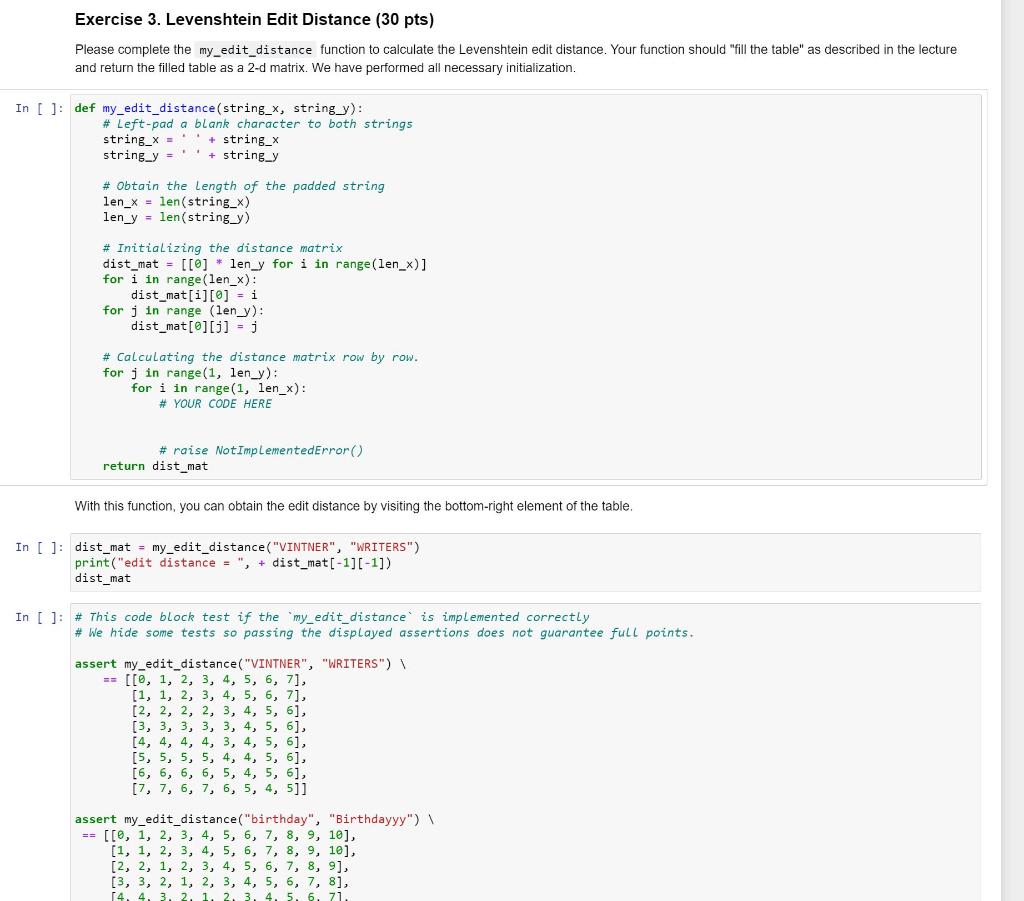 Solved Exercise 3. Levenshtein Edit Distance (30 pts) Please | Chegg.com
