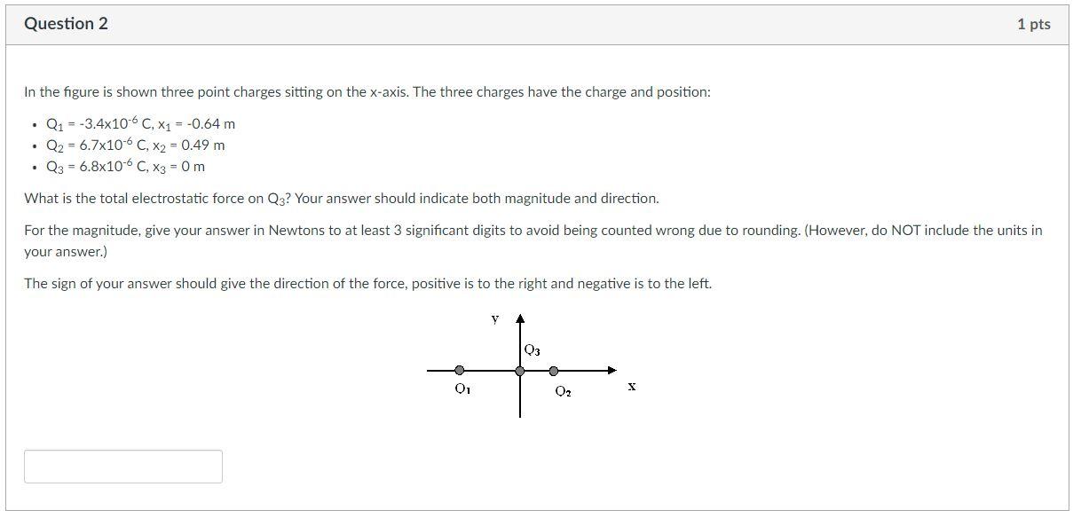 In the figure is shown three point charges sitting on the \( x \)-axis. The three charges have the charge and position:
- \( 