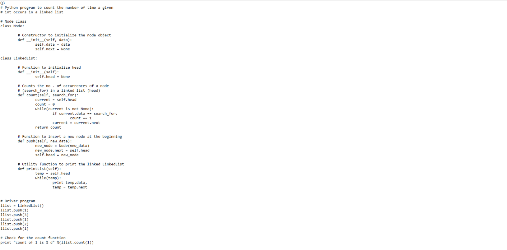 Solved Q3 # Python program to count the number of time a | Chegg.com