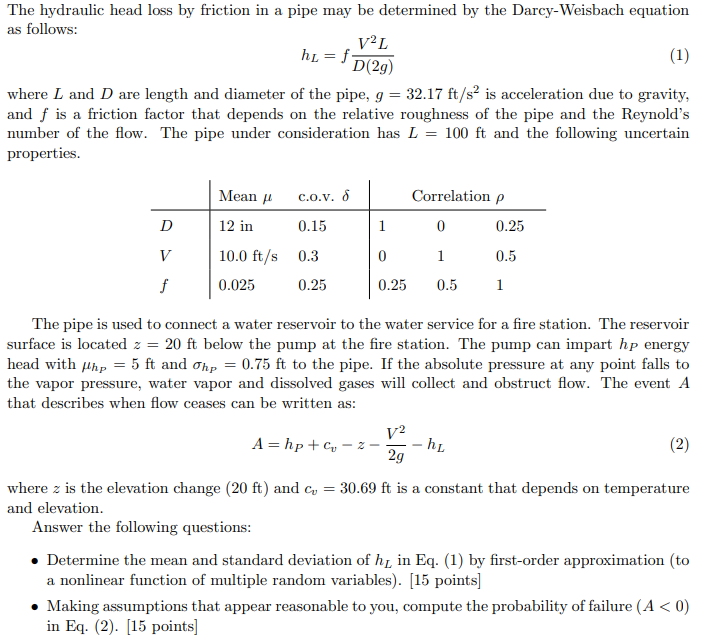 Solved The hydraulic head loss by friction in a pipe may be