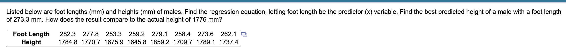 Solved Listed below are foot lengths (mm) and heights (mm) | Chegg.com