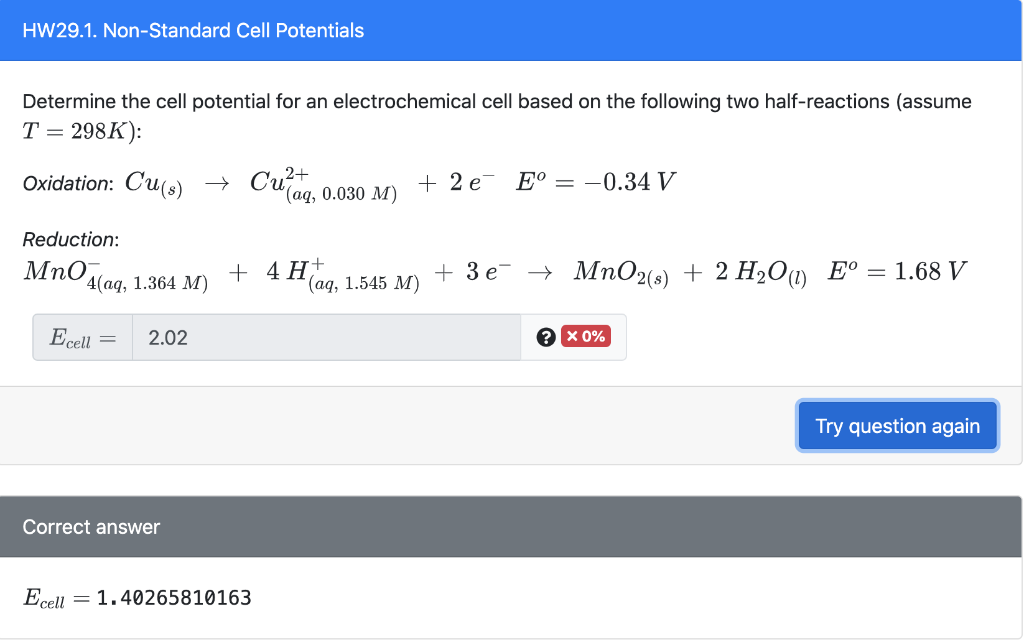Solved HW29.1. NonStandard Cell Potentials Determine the