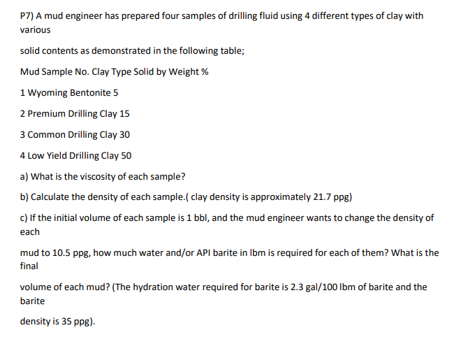 P7) A mud engineer has prepared four samples of | Chegg.com