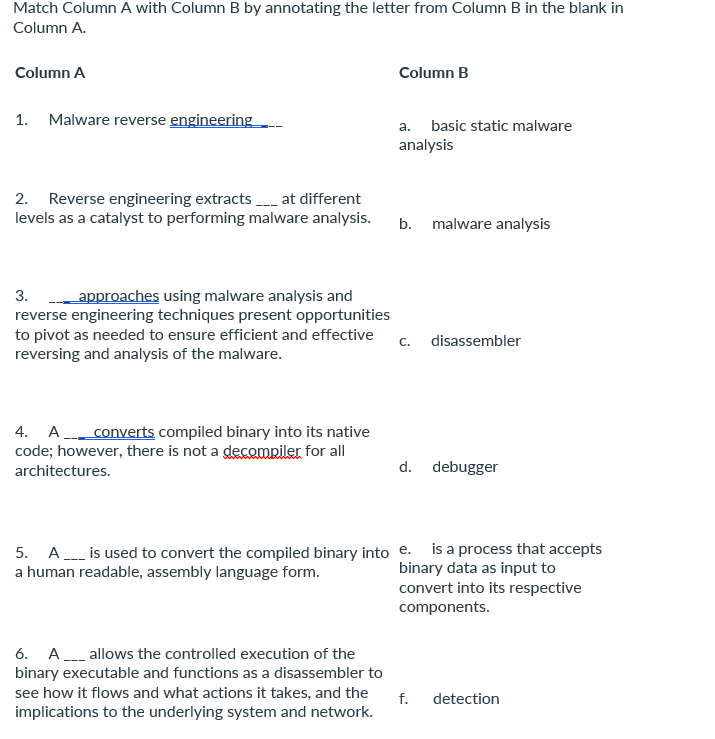 Match Column A With Column B By Annotating The Letter | Chegg.com