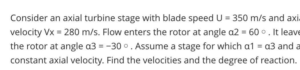 Solved Consider an axial turbine stage with blade speed U = | Chegg.com
