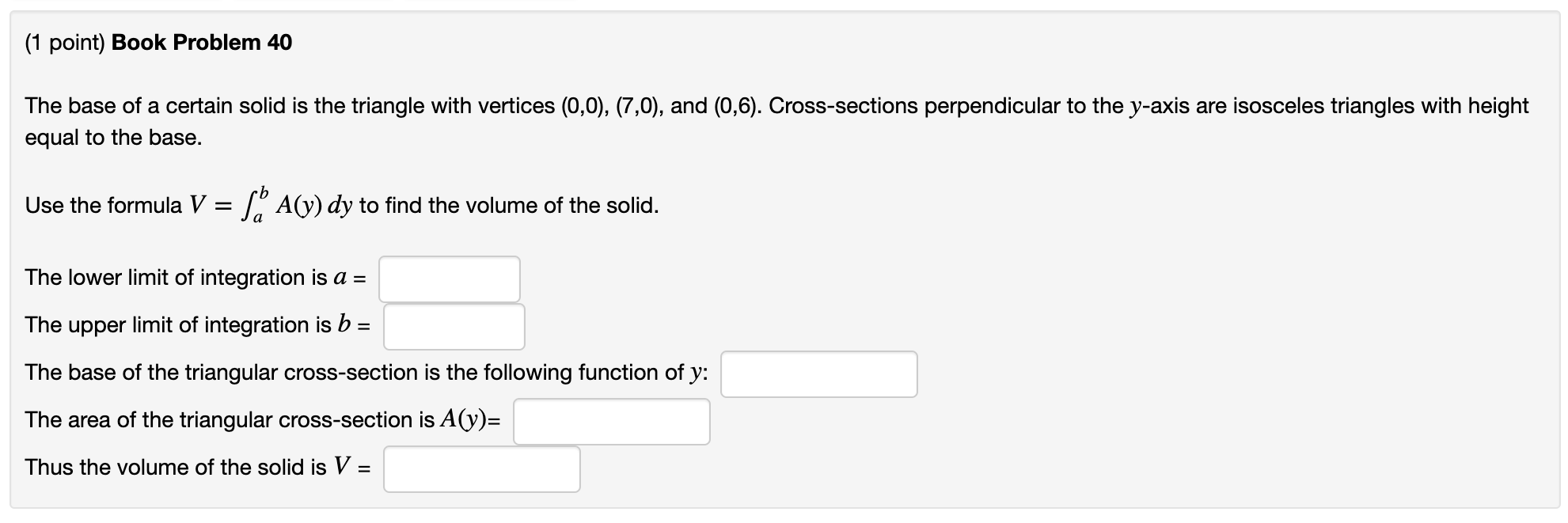 Solved (1 point) Book Problem 40 The base of a certain solid | Chegg.com