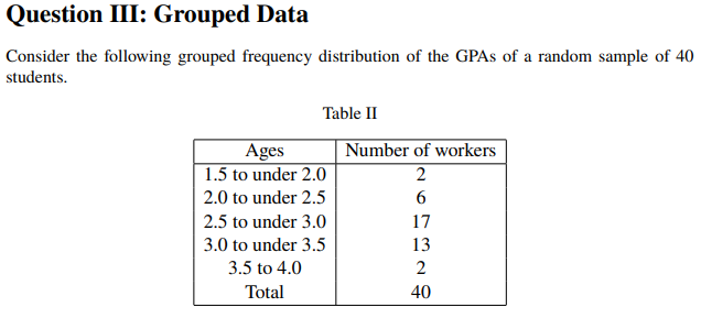 Solved Question III: Grouped Data Consider the following | Chegg.com