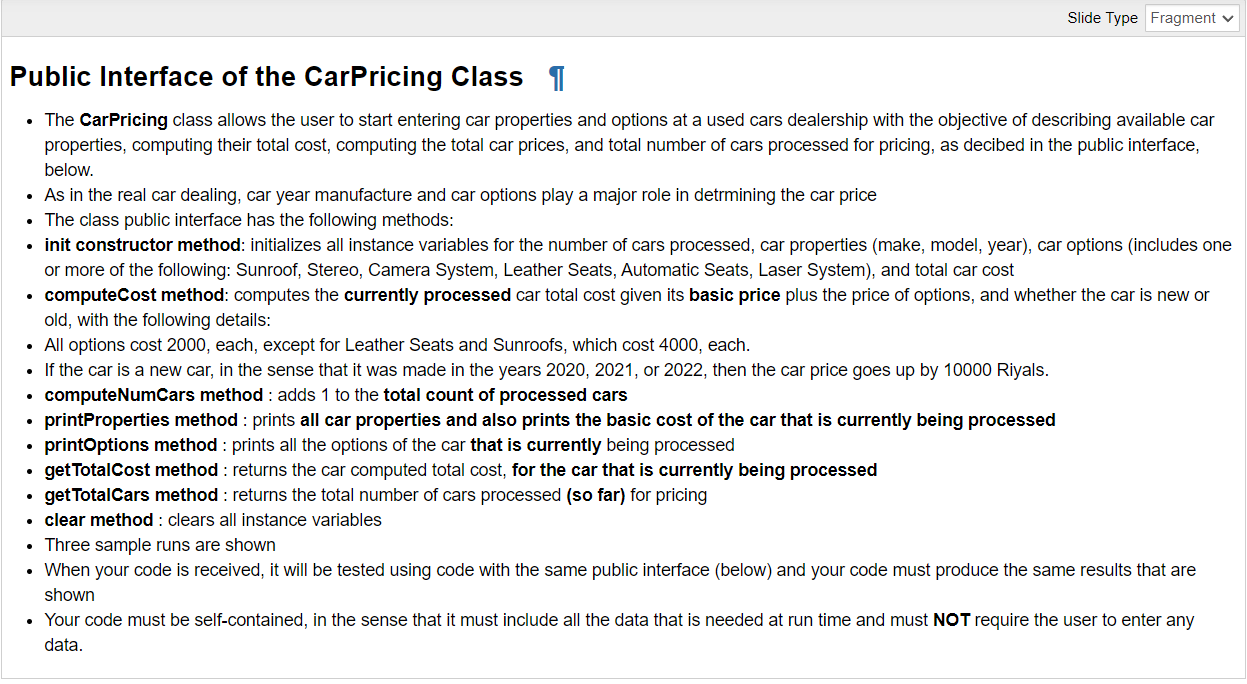 Solved Public Interface of the CarPricing Class - The | Chegg.com