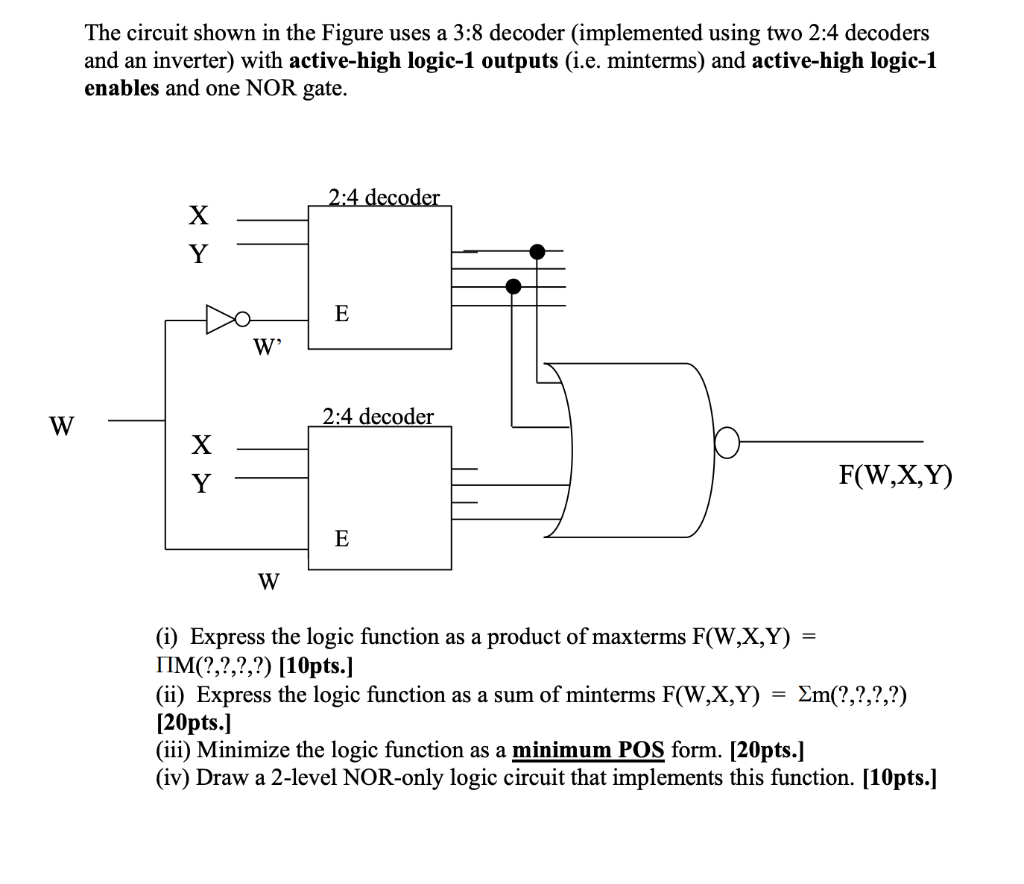 W
The circuit shown in the Figure uses a 3:8 decoder (implemented using two 2:4 decoders
and an inverter) with active-high lo