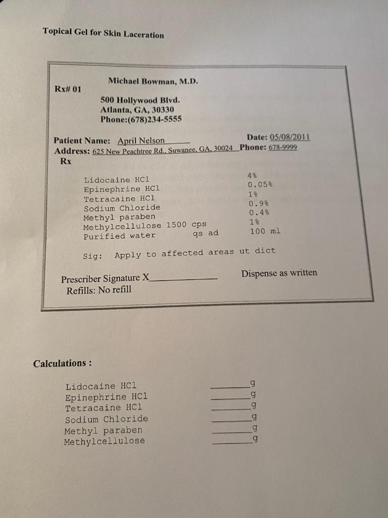 Topical Gel for Skin Laceration Michael Bowman, M.D. Rx# 01 500 Hollywood Blvd. Atlanta, GA, 30330 Phone:(678)234-5555 Patien