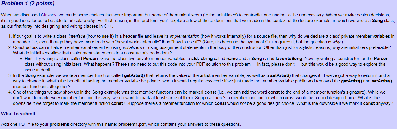 Solved Problem 1 (2 points) When we discussed Classes, we | Chegg.com