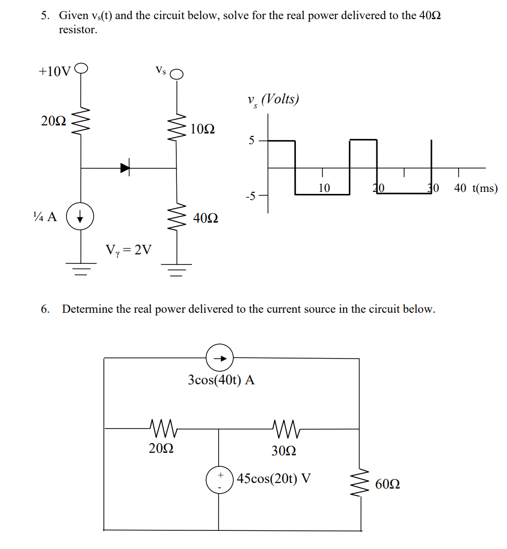 Solved 5. Given vs(t) and the circuit below, solve for the | Chegg.com