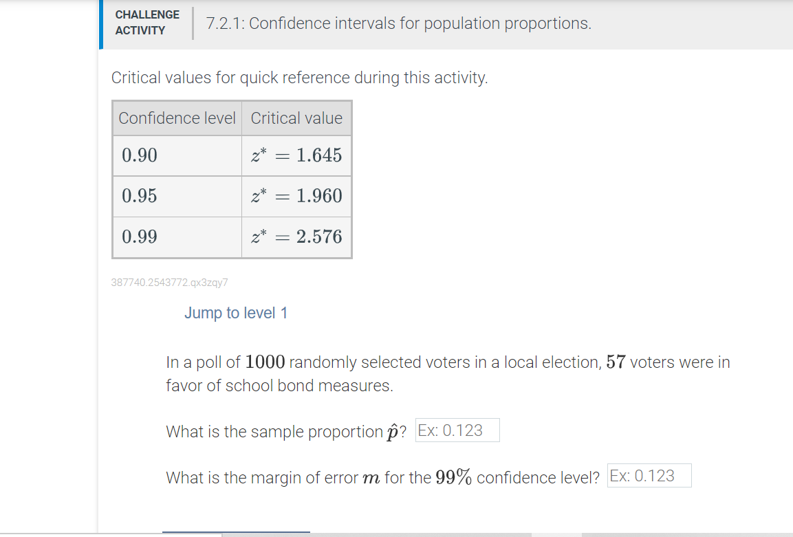 Solved CHALLENGE ACTIVITY 7.2.1: Confidence intervals for | Chegg.com